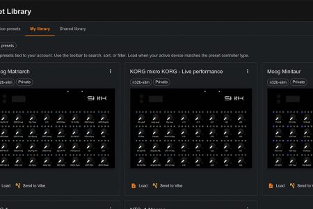 The SHIK web editor Preset Library showing saved presets for the Moog Matriarch, Korg microKORG, and Moog Minitaur as cards, each with its full knob mapping and Load and Send to Vibe buttons.