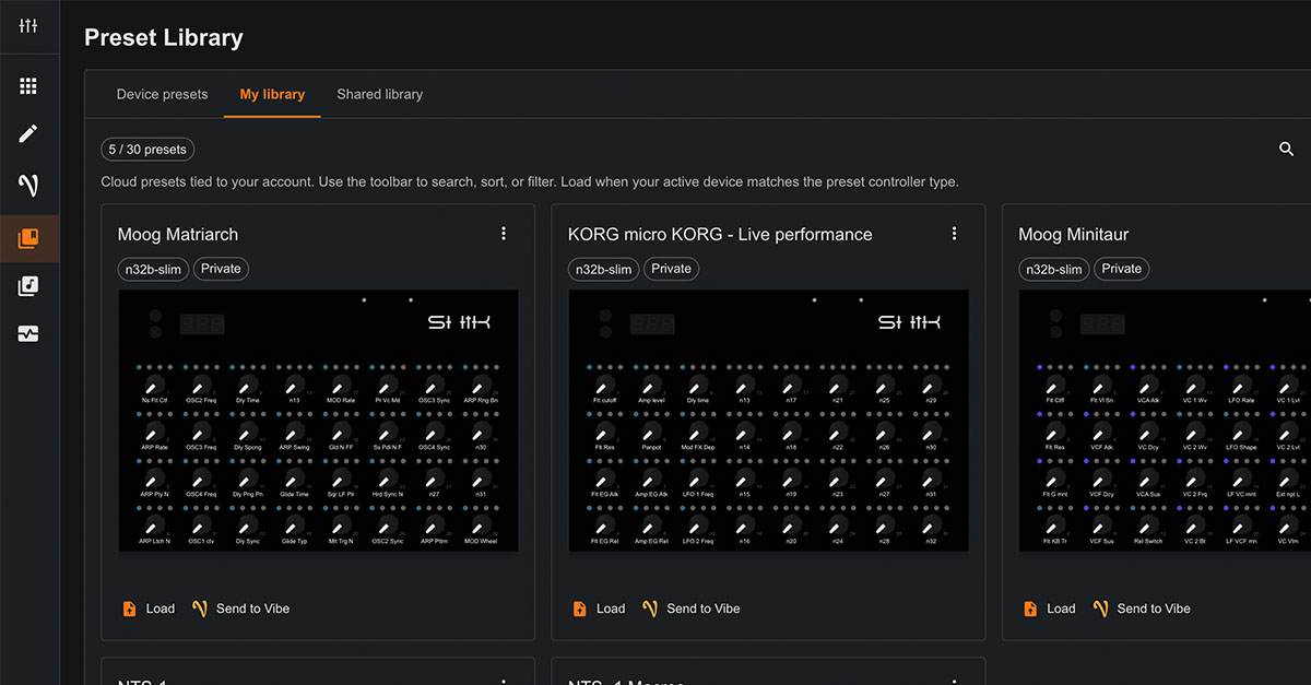 The SHIK web editor Preset Library showing saved presets for the Moog Matriarch, Korg microKORG, and Moog Minitaur as cards, each with its full knob mapping and Load button.