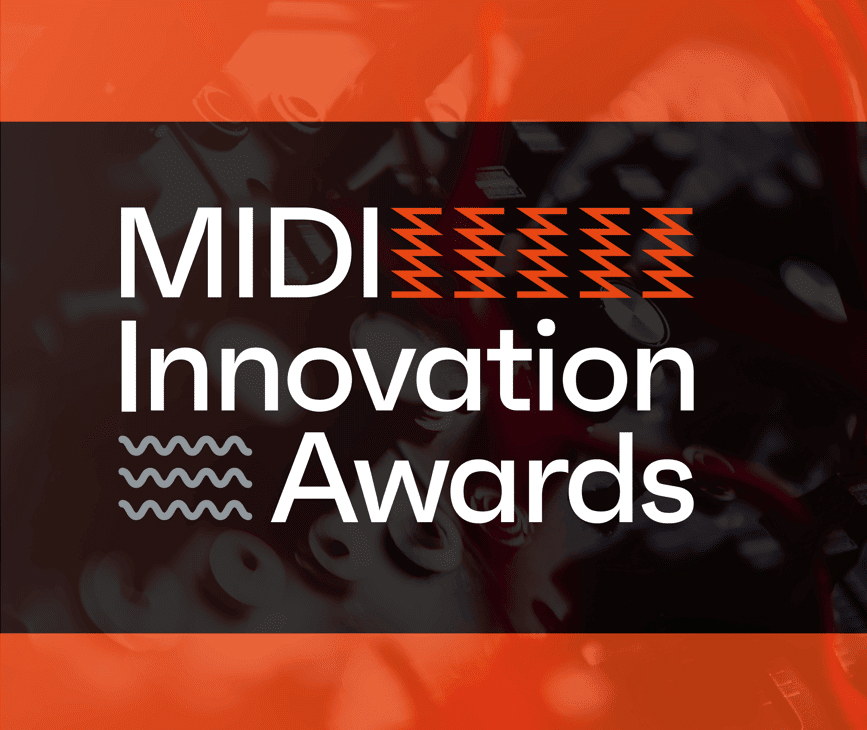 MIDI Innovation Awards logo, white text over a dark orange and black background with orange zigzag graphics.