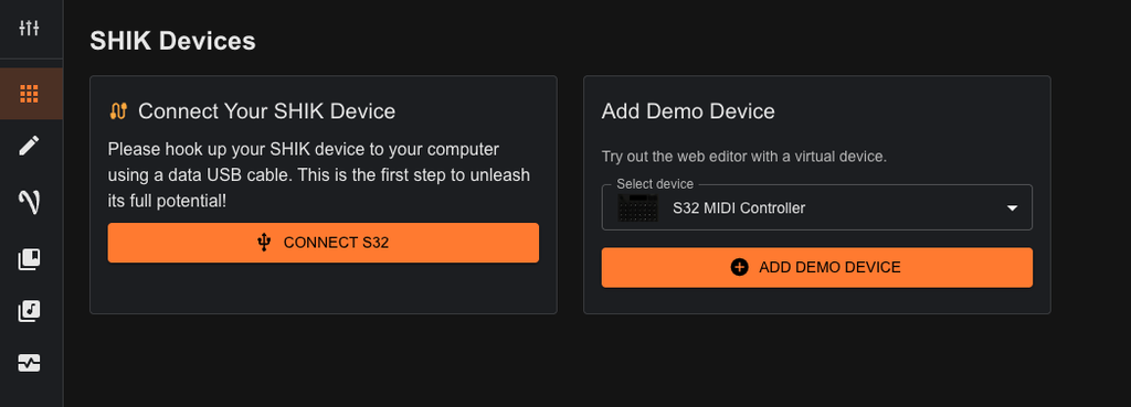Devices screen of the SHIK web editor, with a button to connect an S32 over USB and an option to add a demo S32 instead