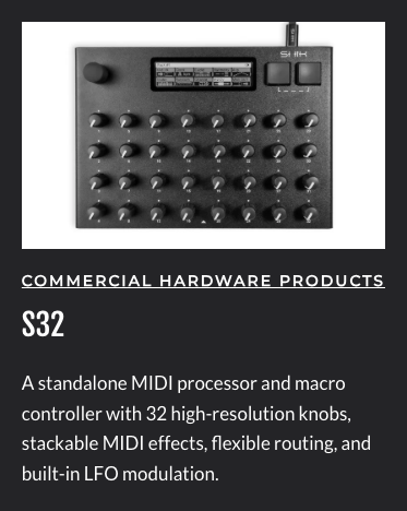 MIDI.org entry page for the S32 in the Commercial Hardware Products category, showing the controller and its description.
