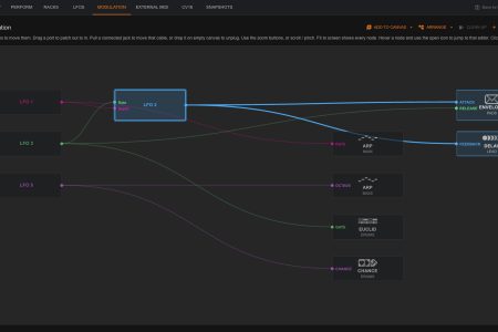 Modulation canvas of the S32 web editor with LFO 2 selected, its cables highlighted to an envelope attack and a delay feedback while other LFOs feed an arp, a Euclid and a chance device