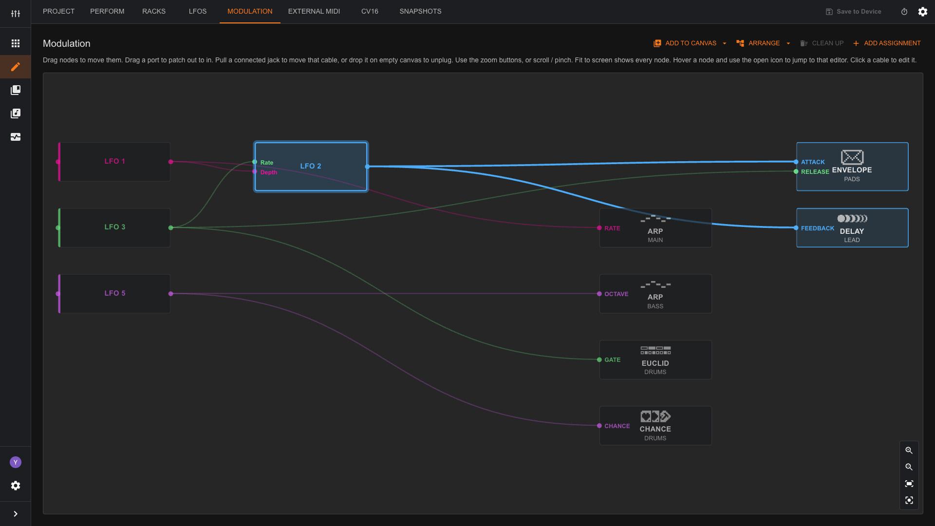 Modulation canvas of the S32 web editor with LFO 2 selected, its cables highlighted to an envelope attack and a delay feedback while other LFOs feed an arp, a Euclid and a chance device