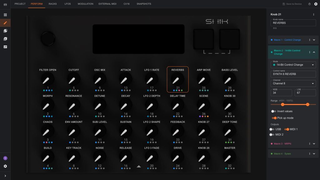 Perform tab of the S32 web editor with knob 21 selected and its second macro open, a 14-bit control change on channel 8