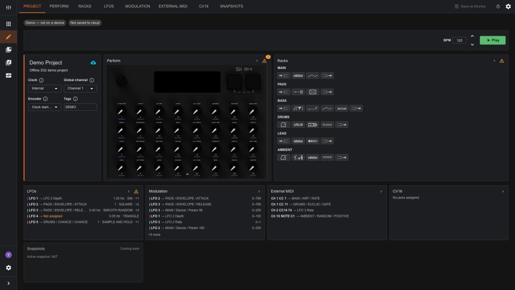 Project tab of the SHIK S32 web editor showing clock and global channel alongside live summaries of the Perform, Racks, LFO and modulation assignments