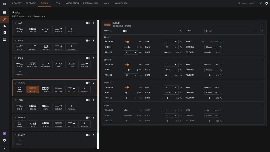 MIDI device chains in the S32 web editor, named for their parts, with a Euclidean generator open and its four layers editable