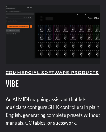 MIDI.org entry page for Vibe in the Commercial Software Products category, showing a screenshot of the SHIK editor and its description.